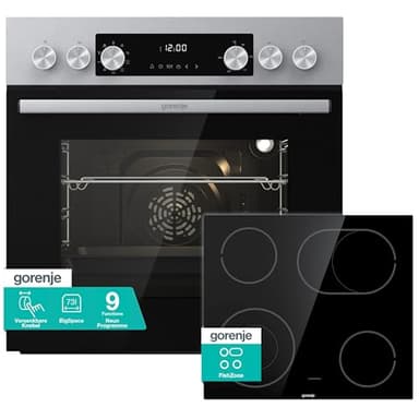 Gorenje Einbau-Herd-Set Inox Air Set mit Glaskeramik-Kochfeld, Heißluft, 73 Liter, 250° max. Ofentemperatur, MultiAir Technologie, 9 Funktionen, Bräterzone, Mininmale Einbaunische (HxBxT): 60x56x58cm
