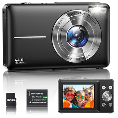Digitalkamera 1080P Fotokamera 44MP Kamera Fotoapparat Tragbare Kompaktkamera mit 2,4" LCD Bildschirm, 16X Digitalzoom, 32G Micro Speicherkarte, 1 Akku für Kinder Teenager Student Anfänger-Schwarz