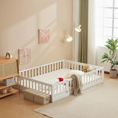 LEADZM 2in 1 bodenbett Montessori Kinderbett mit Freiem Tor,mit Rausfallschutz & Lattenrost,Gitterbett Kinder Jugendbett Einzelbett(weiß 140×200) - 2 Größen, bis zu 300 kg Tragfähigkeit, Umbaubar