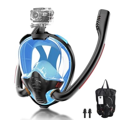 Schnorchelmaske für Erwachsene, Tauchmaske - CO2 Sichere Schnorchelset Erwachsene, Doppelrohr-Tauchermaske Vollgesichtsmaske mit Sportkamerahalterung (Schwarz/Blau, L/XL)