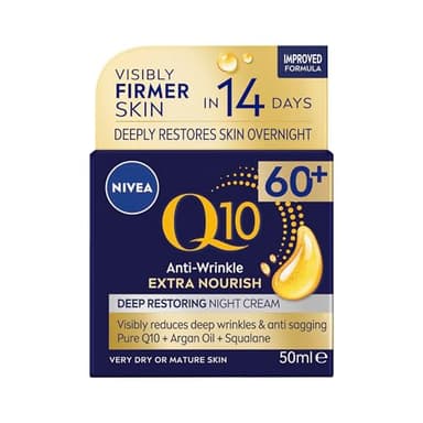 NIVEA Q10 Anti-Falten 60+ Extra pflegende Nachtcreme (50 ml), pflegende Nachtcreme reduziert tiefe Falten, spendet intensiv Feuchtigkeit und stellt über Nacht wieder her,