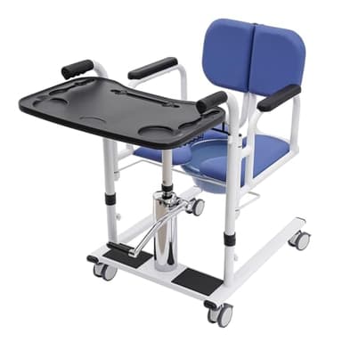 Hydraulischer Patientenlifter Transferstuhl, 330 lbs. Multifunktions-Senioren-Hydraulik Höhenverstellbare Transportrollstuhl Duschstuhl Liftstuhl, 180° Geteilter Sitz Patientenlifter (Blau)