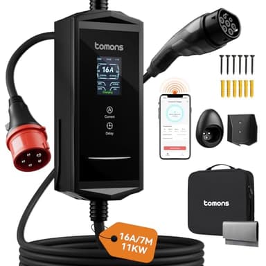 tomons Mobile Wallbox 11kw mit APP,Typ 2 Ladekabel 7M,3-Phasen 6-16A 400V CEE Stecker,2,4" LCD, IP65, Einstellbarer Ladeleistung&startzeit,für e Auto ID.3/4/5/7,Model Y/3,ENYAQ und Anderen PHEV/EV