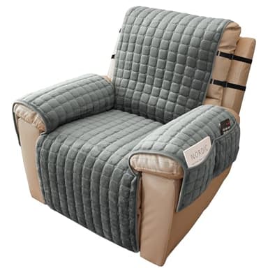 Alishomtll Sesselschoner für Relaxsessel Relaxsofa 1 Sitzer Sesselschoner mit Armlehne für Fernsehsessel Anti-Rutsch Kratzfest Sesselüberwurf mit 4 Taschen und 2 Verstellbaren Riemen, 53x190cm Grau