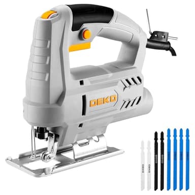 Elektro-Stichsäge 400 W: DEKOPRO Stichsäge mit 6-Gang-Variablengeschwindigkeit 0–3000 SPM, ±45° Schrägabschnitt-Funktion Jigsaw, 8 Sägeblätter für Holz, Metall und Kunststoff