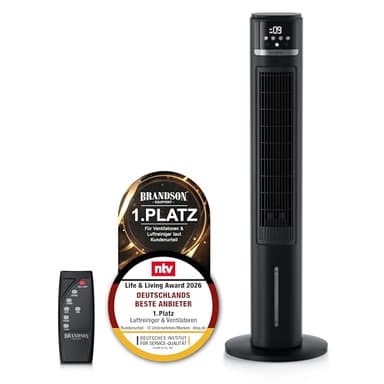 Brandson – Turmventilator mit Wasserkühlung im ECO Design - sehr leise - DC Motor - Sieger Life & Living Award 2026 - Ventilator mit Luftkühler – Timer – OSZ – Ion Funktion – energieeffizient