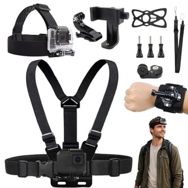 Action Kamera Zubehör Set, Action Kamera Brustgurt Halterung Kit, Brustgurt Halterung Outdoor Sport Anzug mit Brustgurthalterung Handgelenkgurt Stirnband Halterung, Kompatibel mit den meisten Kameras