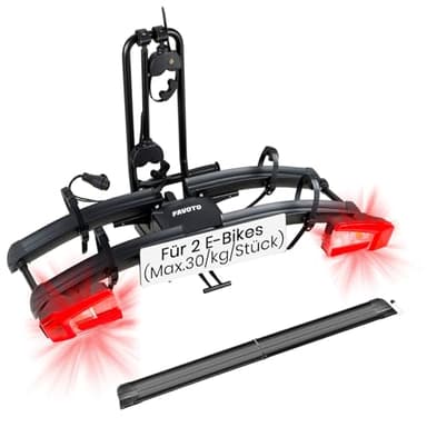 Favoto E-Bike Fahrradträger mit Klappbarer Rampe – Aluminium Heckträger für 2 Fahrräder bis 60 kg mit Rücklicht Diebstahlsicherung & Nummernschildhalter max 26x4.0 Reifen