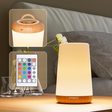 UPXNBOR LED Nachttischlampe mit Fernbedienung, Dimmbar mit 13 RGB Farben & 4 Modi, Tischlampe Kabellos mit Timer & Haken, USB Aufladbar, Tragbares Nachtlicht für Schlafzimmer, Kinderzimmer, Wohnzimmer