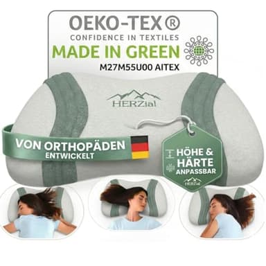 hERZtal Nackenstützkissen Orthopädisch – Ergonomisches Memory Foam Kopfkissen für Seiten-, Rücken- & Bauchschläfer – HWS Nackenkissen gegen Nackenschmerzen – Oeko-TEX Made in Green & Waschbarer Bezug