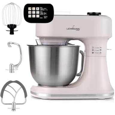 LEHMANN Küchenmaschine mit Display, 1500W, 12 Geschwindigkeiten, Fermentationsfunktion mit Heizfunktion, integrierte Waage, Timer, Knetmaschine mit 3 Rühreinsätze und 5L Rührschüssel, Beige