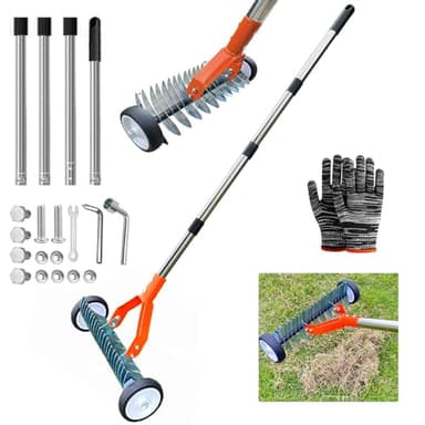Handvertikutierer mit Rollen,Vertikutierer Rechen mit Stiel 165cm,Rasenlüfter mit Rädern,Metall Schneidrechen Garten,Abnehmbar,Verstellbarer Vertikutierrechen,Vertikutierharke für Garten,Hof,Rasen