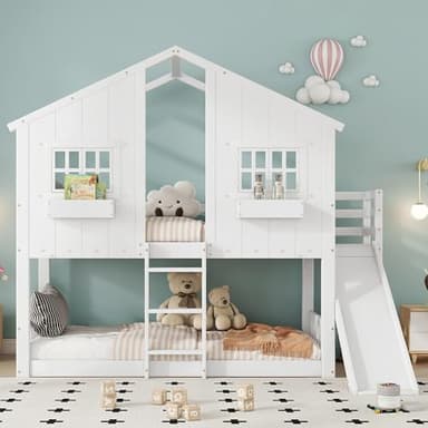 RIAZOS Etagenbett 90x200 cm, Kinderbett mit Rutsche, Kinder Hochbett mit Dach und Fenster, mit Fallschutzgitter Dreistufiger Leiter, Kiefer+MDF, ohne Matratze, Weiß