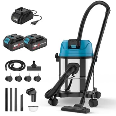 Nass-Trockensauger für Makita 18V Batterie,3 in 1 Industriestaubsauger mit Fugendüse, Polsterdüse,Bodendüse,15 l Edelstahlbehälter,Patronenfilter,18000Pa für Zuhause und Fabrik (3000mah Akku*2)