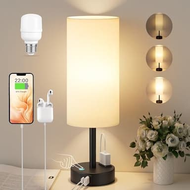 Kakanuo Nachttischlampe Touch Dimmbar, Tischlampe mit USB A+C+Steckdose Ladefunktion, Lampenschirm aus Leinenstoff, Lampe für Nachttisch Wohnzimmer Schlafzimmer Kinderzimmer Büro(Inklusive Birne)
