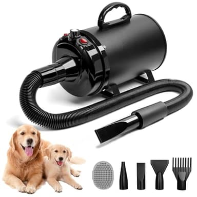 Blanlody Hundefön Blower Sehr Leise 5.2 PS / 3800W Motor Einstellbare Geschwindigkeit, Hundepflege-Trockner-Gebläse mit 4 verschiedenen Düsen elastischem Schlauch (Black)