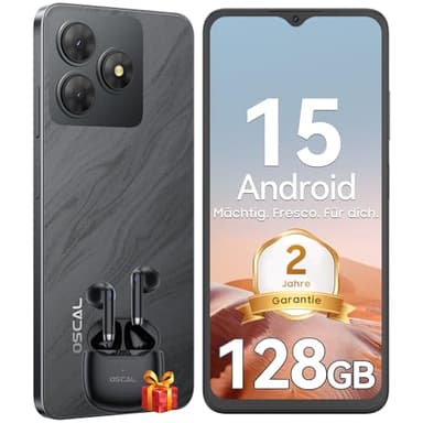 OSCAL Flat 2 Handy Ohne Vertrag, Android 15, 12GB+128GB/2TB TF Handy Günstig, 6.56'' HD+ 90Hz Smartphone Ohne Vertrag, 13MP+8MP, 5000mAh, Dual SIM/OTG/GPS/Fingerabdruck/Gemini AI/2 Jahre Garantie
