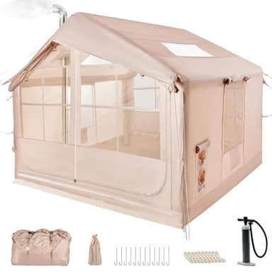 Aufblasbares Gampingzelt mit Kaminöffnung & Dachfenster, Outdoor Zelt für 4-6 Personen mit Luftpumpe, Aufblasbares Zelt aus Wasserdichtem Oxford-Stoff für 4 Jahreszeiten, Schneller Aufbau Gampingzelt