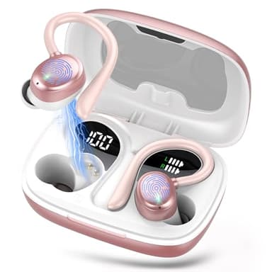 Bluetooth Kopfhörer Sport, Kopfhörer Kabellos Bluetooth 5.3 mit HD Mic, In Ear Kopfhörer mit 4 ENC Klarer Mic, 72 Std Kabellose Kopfhörer mit Tiefer Bass,IPX7 Wasserdicht Ohrhörer mit Ohrhaken (Rose)