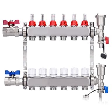 6 Heizkreise | Heizkreisverteiler inkl. 1" Kugelhähne | Fußbodenheizung mit Manueller Entlüfter, Flussmesser Durchflussmesser | Anschlüsse für Eurokonus 3/4 | 30 x 1,5 mm | HKV Verteiler