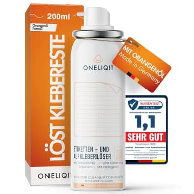 ONELIQIT® Etikettenentferner, Etikettenlöser, Klebereste Entferner mit Orangenöl 200ml für das einfache Entfernen von Etiketten, Aufklebern, Vignetten & Klebstoffen