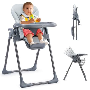 Hochstuhl Baby Klappbar Kinderstuhl 6 Höhen Kinderhochstuhl Kombihochstuhl Babyhochsitz Verstellbare Rückenlehne (Grau)