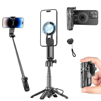 FOURPILLARS Magnetisches Mini Selfie Stick Stativ, Tragbares Selfiestick Klein mit Abnehmbarer Bluetooth-Fernbedienung für Fotos, 360° Drehung, Kompatibel mit iPhone & Android (Schwarz)