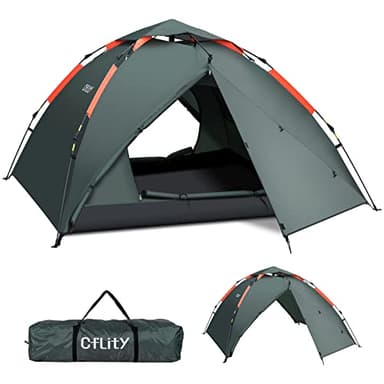 Cflity Camping Zelt, 3 Personen Instant Pop Up Wurfzelt Wasserdicht DREI Schicht Automatische Kuppelzelt, Große 4 Jahreszeiten Zelte mit Rain-Fly 2 Erweiterbare Veranda