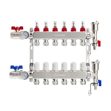 VANCOCO Heizkreisverteiler Edelstahl für 6 Heizkreise mit Eurokonus 16 × 2 mm, Fußbodenheizung Verteiler, Schnellentlüfter Set, 1" Kugelhähne, 5 L/min Durchfluss, Durchflussmesser