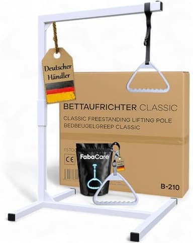 FabaCare Bettgalgen freistehend bis 130 kg Körpergewicht Zwei Griffen, Ersatzgriff | mobiler Galgen für normales Bett | Aufrichthilfe, Bettgriff, Bettaufrichter mit Trapezgriff