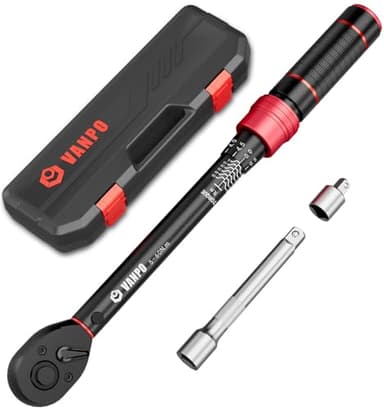 VANPO 3/8 Zoll Drehmomentschlüssel 5-60Nm, 72 Zähne Fahrrad & Motorrad Drehmomentschlüssel-Set 3 Teilen mit 125mm Verlängerungsstange, 3/8"-1/4" Adapter, für Auto Zündkerzenwechsel