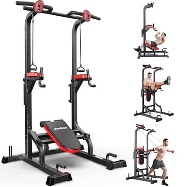 Pooboo Power Tower, Multifunktionale Kraftstation für Zuhause mit 11-fach Höhenverstellung und Elastikband, Klimmzugstange Freistehend für Home Gym Training Klimmzügen Dips (Schwarz mit Rückenbrett)