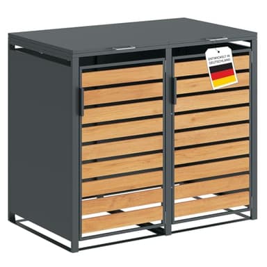 STEELSØN Kestra Mülltonnenbox 2er bis 120L – Mülltonnenverkleidung aus Stahl mit Sichtstreifen in Holzoptik – hochwertige Müllcontainer für 2 Tonnen – Müllbox in Anthrazit – Gerätebox wetterfest