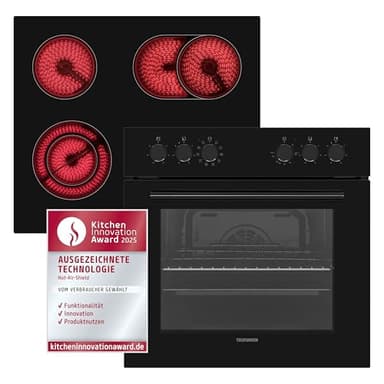 Telefunken ECHS65A-B2 Einbauherd-Set | Elektro-Herd-Kochfeld-Kombination | Backofen mit Grill und Umluft | Rahmenloses Glaskeramik-Kochfeld mit 4 Zonen | Hot Air Shield | 65 Liter | 60 cm | Edelstahl