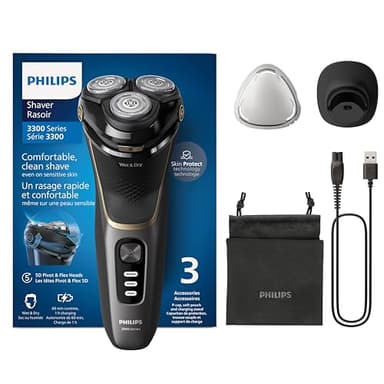 PHILIPS Shaver Series 3000 – Elektrischer Nass- und Trockenrasierer für Männer in Schwarz, mit SkinProtect-Technologie, ausklappbarem Bartschneider, Ladestation und Reisetasche (Modell S3342/13)