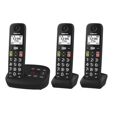 Panasonic KX-TGU133EXB digitales schnurloses Telefon mit Anrufbeantworter, Basisstation & 3 Mobilteile, LCD-Display, große Tasten, Favoriten-Taste, hörgerätekompatibel, Schwarz