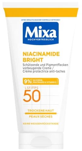 Mixa schützende & Pigmentflecken vorbeugende Creme LSF 50, Anti-Pigmentflecken Creme, Für trockene Haut, Niacinamide Bright, Hypoallergen, 50 ml