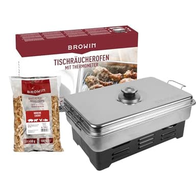 BROWIN Edelstahl Tischräucher-Set mit Thermometer 330010 |inkl. Holzhackschnitzel | Tischräucherofen | Fisch & mehr Grillen und Räuchern | Camping-Zubehör