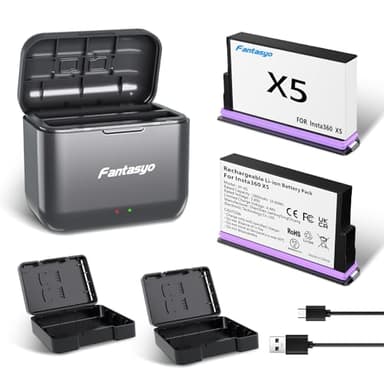 Fantasyo Insta 360 X5 Battery 2 Packs of 2800mAh + 1 Double Channel Fast Charge Hub, Only Compatible with Insta360 x5 Camera,Can Charge Two Batteries at The Same time (2*Battery+Charger)