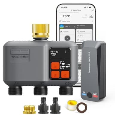 Bewässerungscomputer WLAN 3 Ausgänge mit Messingeinlass/300M RF-Technologie, Bewässerungsuhr für Gartenbewässerung Kompatibel mit Alexa & Smart Life App, Automatischem Bewässerungssystem für Garten
