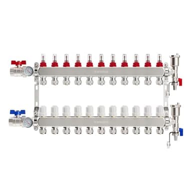 VANCOCO Heizkreisverteiler Edelstahl für 11 Heizkreise mit Eurokonus 16 × 2 mm, Fußbodenheizung Verteiler, Schnellentlüfter Set, 1" Kugelhähne, Durchflussmesser