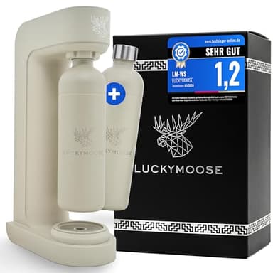 Luckymoose Infinity Wassersprudler mit 2x 1,25L langlebigen, spülmaschinenfesten Edelstahlflaschen – CO₂-sparende Sprudelwasser Maschine – Kompatibel mit den blauen 60l CO₂-Zylindern