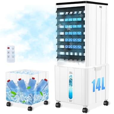 Klimagerät ohne Abluftschlauch, 14L 60W Klimaanlage Mobil mit 12H Timer, 3 Modus, 40dB, 120°Oszillation, Abnehmbare Wassertank, Fernbedienung, Leise Portable Air Conditioner für Wohnung Zimmer Räume