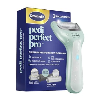 Dr. Scholl’s Pedi Perfect Pro Wasserdichter, Wiederaufladbarer, Elektrischer Fußhornhautentferner mit x3 Rollenköpfen – Entfernt harte Haut für weiche schöne Füße, 90 Minuten Laufzeit, Staubfänger
