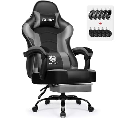 minnouat Gaming Stuhl Ergonomischer mit Fußstütze, Gaming Chair 150 kg Belastbarkeit, Gamer Stuhl aus Kunstleder, Höhenverstellbarer PC Zockerstuhl Bürostuhl für Jugendliche Erwachsene, Grau