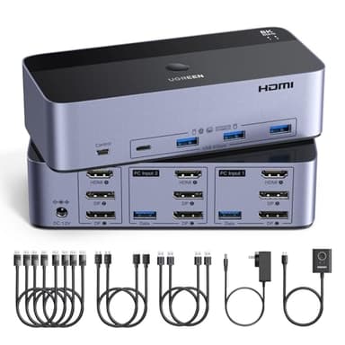 UGREEN HDMI+Displayport KVM Switch 2 PC 3 Monitore 8K60Hz mit 4 USB 3.0 Ports, Tasten- und Desktop-Controller Umschaltung Kompatibel mit Windows/Linux usw.