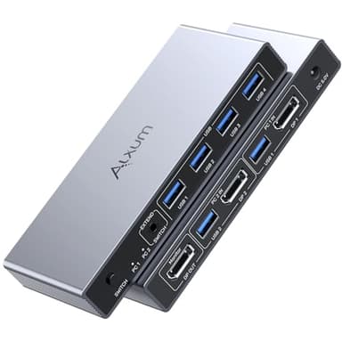 Alxum 8K@60Hz DisplayPort KVM Switch, DP KVM Switch für 2 PCs und 1 Monitor, 4 Port USB Switch für Tastatur, Maus, Mikrofon, Festplatte, Drucker und Kopfhörer, 2 USB-B-Kabel, DC 5V-Netzteil