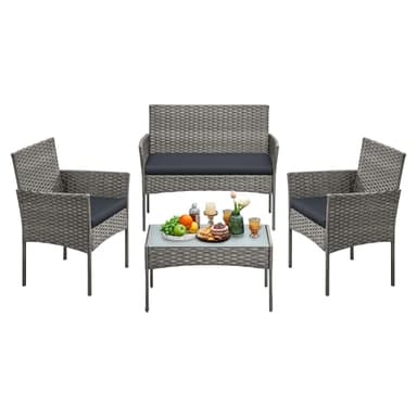 SONGMICS Gartenmöbel-Set, 4-teilig, Balkonmöbel aus PE-Polyrattan, Tisch, 2 Stühle, 2-Sitzer-Bank, Lounge-Möbel Outdoor, Terrassenmöbel, für Terrasse, Balkon, grau GGF004TZ01