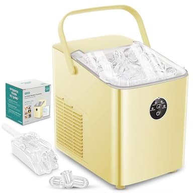 FOHERE Eiswürfelmaschine 14kg 24 Stunden, Eiswürfel in 5 Min, 2 Größen von Bullet Ice, Selbstreinigender Eiswürfelbereiter mit Griff, Eisschaufel u. Korb, Ice Maker für Party Büro RV (Gelb)