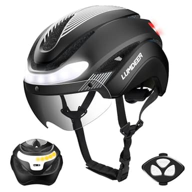 LUMDEER Fahrradhelm Herren und Damen mit Licht und Visier, Fahrrad Helm Blinker und Bremslicht 2.0 Selbsttönende Gläser,E Scooter Helm Erwachsene mit LED Vorne und Hinten,Roller Helm mit Fernbedienung